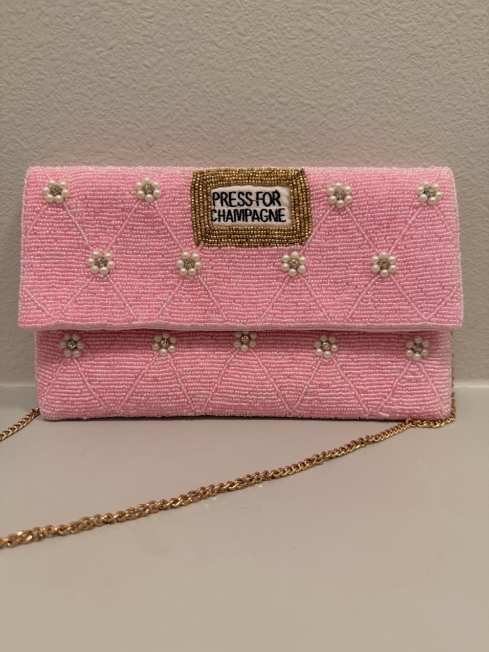 Press For Champagne Pink Beaded Evening Clutch with Pearl Flowers